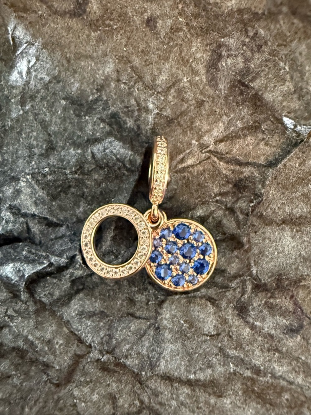 Pandora Rose Gold Double Circle Pendant with Blue Crystal Cluster